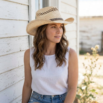 Driftline Open Weave Straw Cowboy Hat - Mix Brown