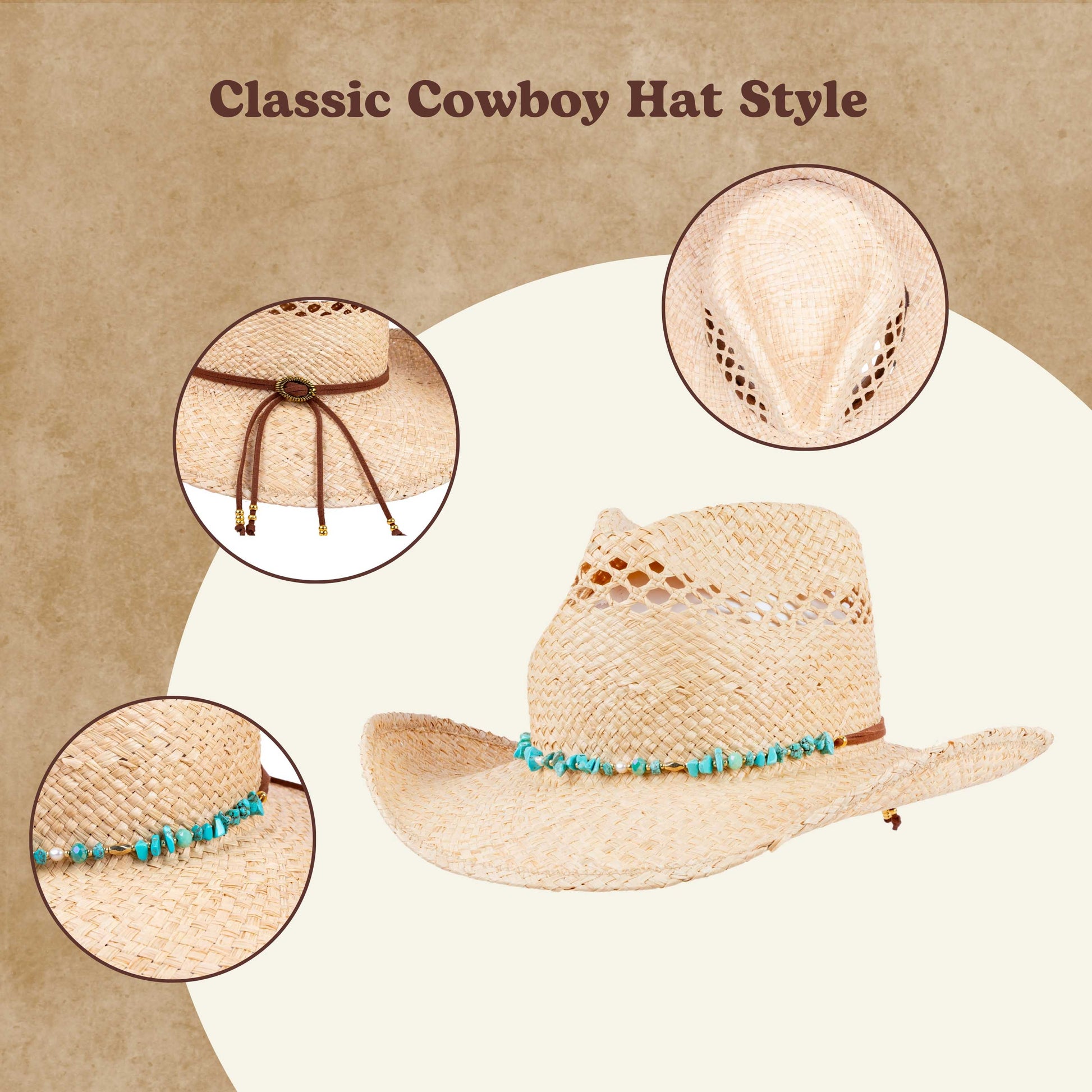 Lasso Raffia Straw Cowboy Hat - Mix Brown