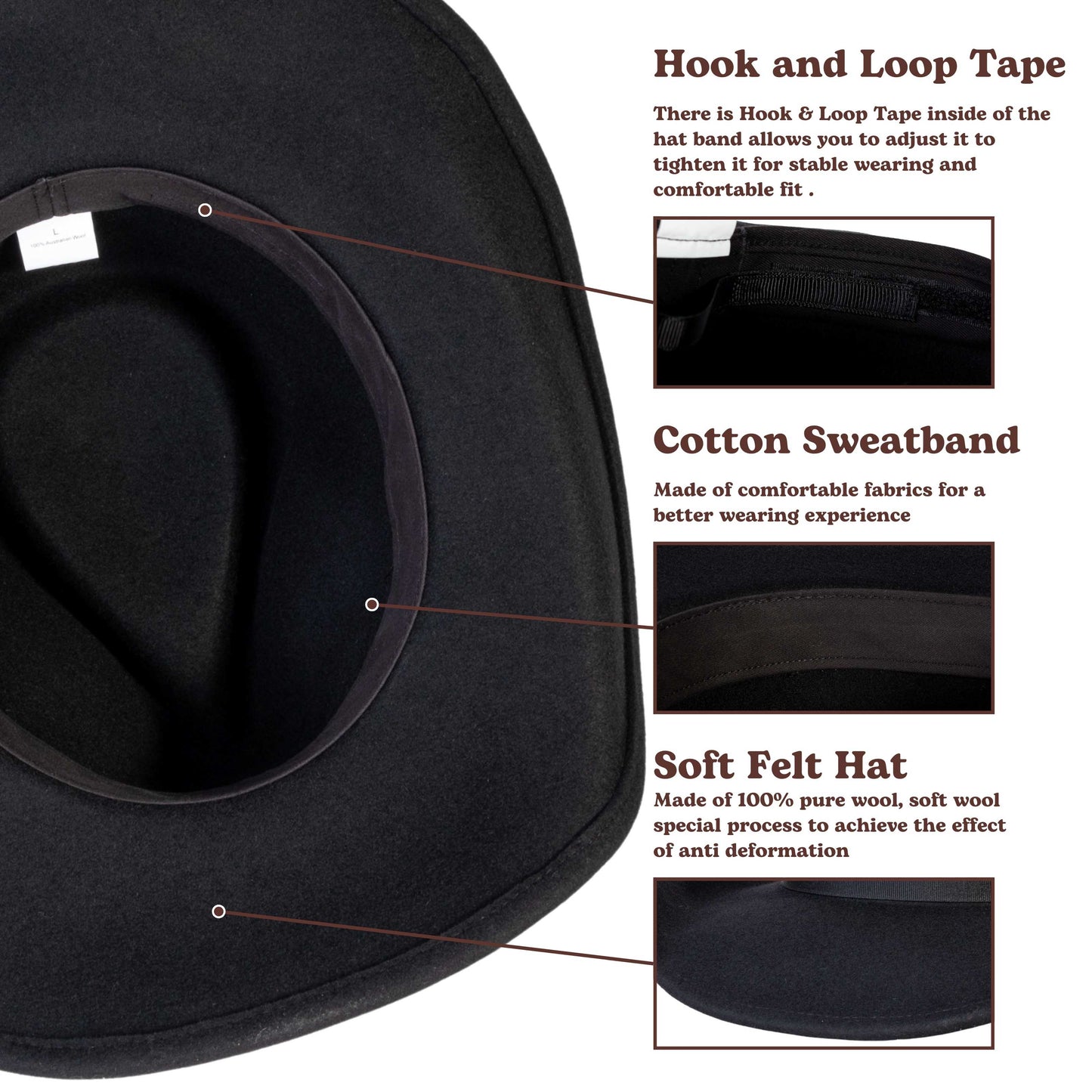 Midnight Black Felt Cowboy Hat - Mix Brown