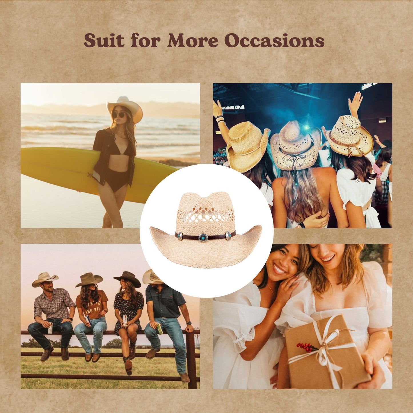 Spur Raffia Straw Cowboy Hat - Mix Brown