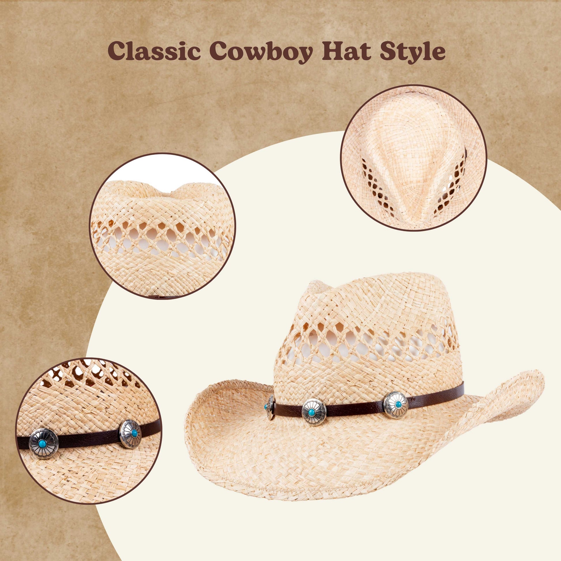 Spur Raffia Straw Cowboy Hat - Mix Brown