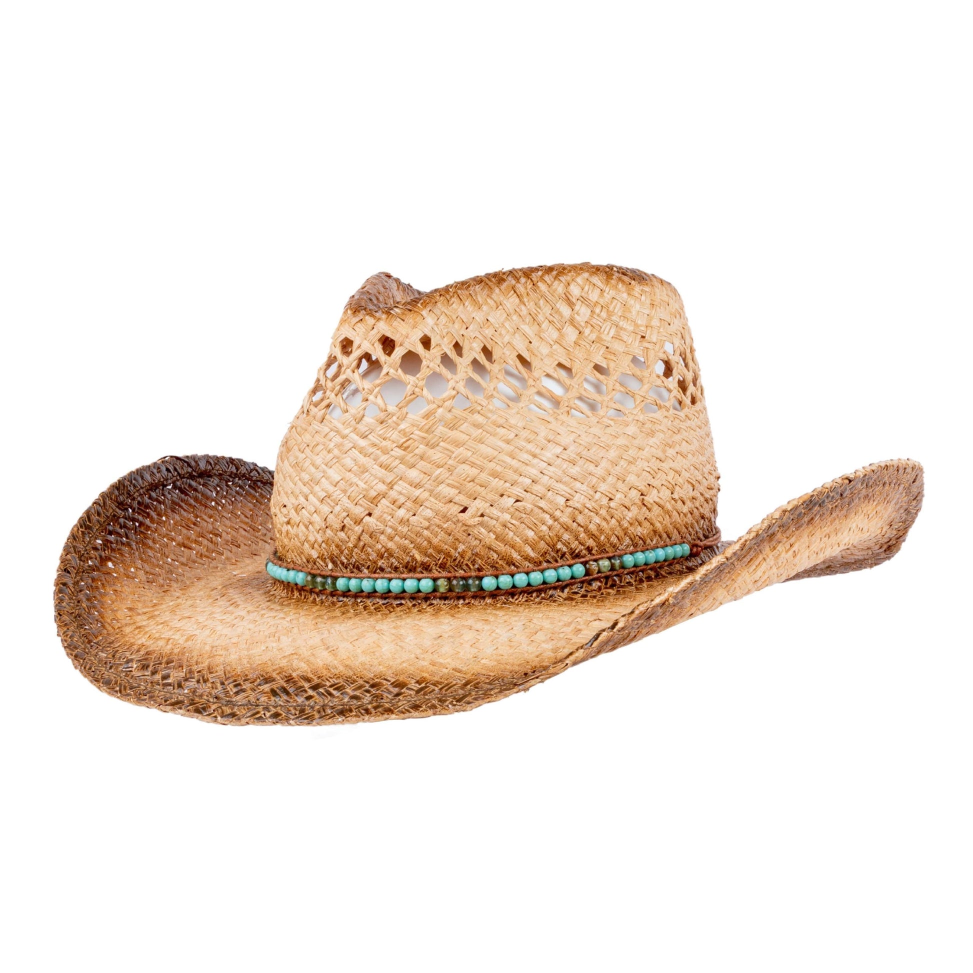 Turquoise Raffia Straw Cowboy Hat - Mix Brown