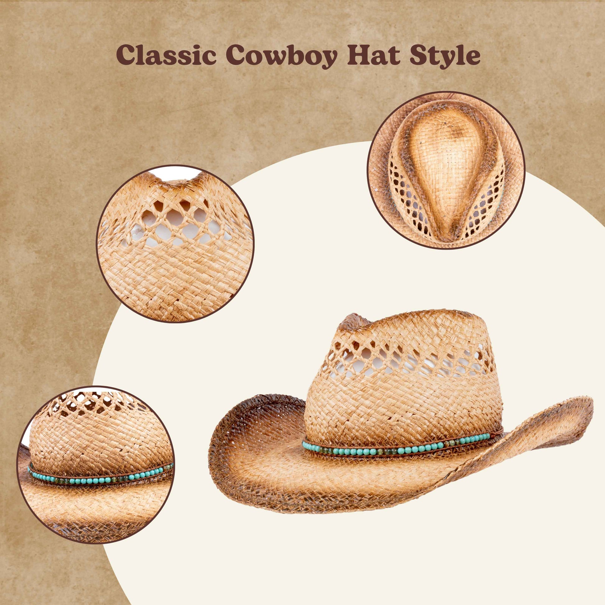 Turquoise Raffia Straw Cowboy Hat - Mix Brown