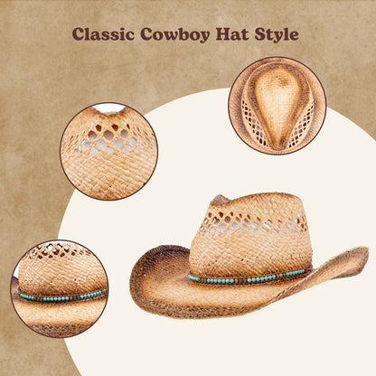 Turquoise Raffia Straw Cowboy Hat - Mix Brown