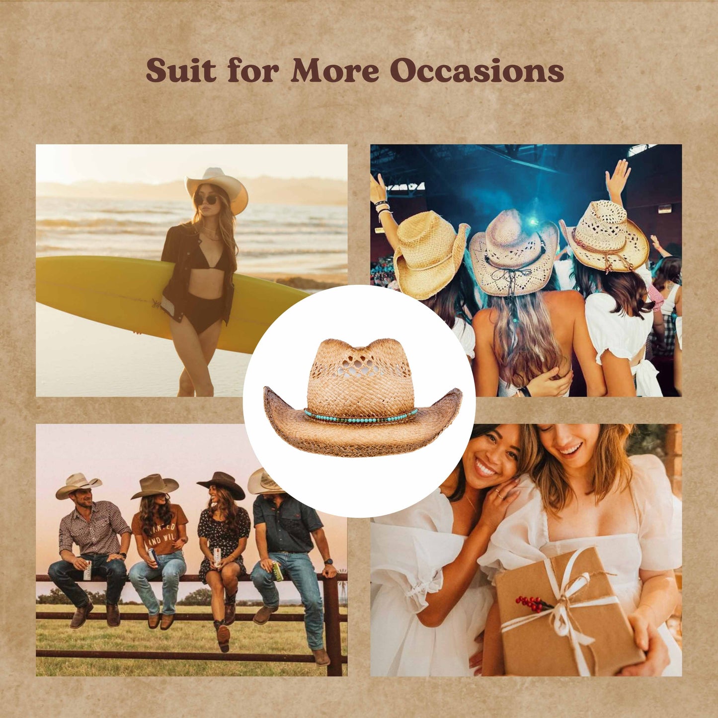 Turquoise Raffia Straw Cowboy Hat - Mix Brown