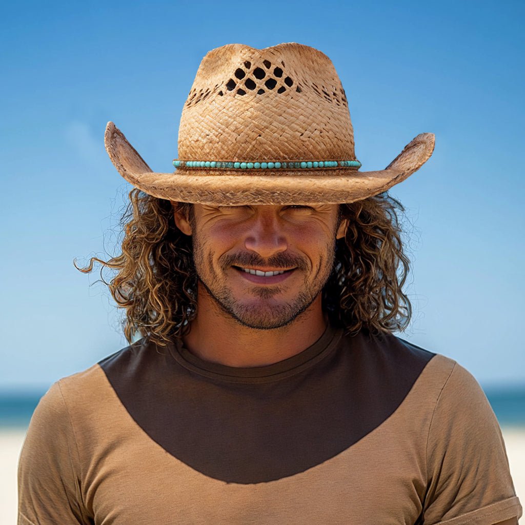 Turquoise Raffia Straw Cowboy Hat - Mix Brown