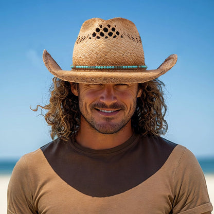 Turquoise Raffia Straw Cowboy Hat - Mix Brown